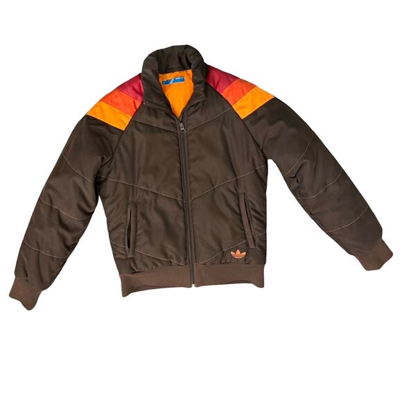 Adidas Brown Red Orange Chevron Embroidered Polar Bear Puffer Jacket size 38 / S - Picture 11 of 13